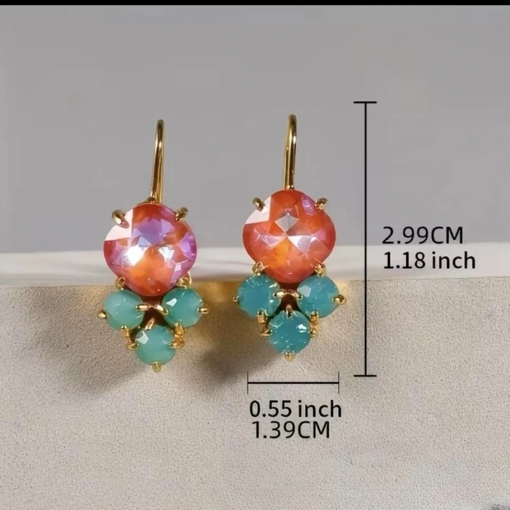 Coral Aqua Crystal Drop Earrings Gold Tone Coastal Mermaidcore